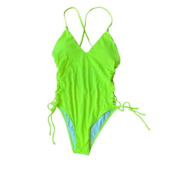 Neon Green One Piece Swimsuit L Lace Up Side Cutout Crisscross Back Bathing Suit - Picture 1 of 7